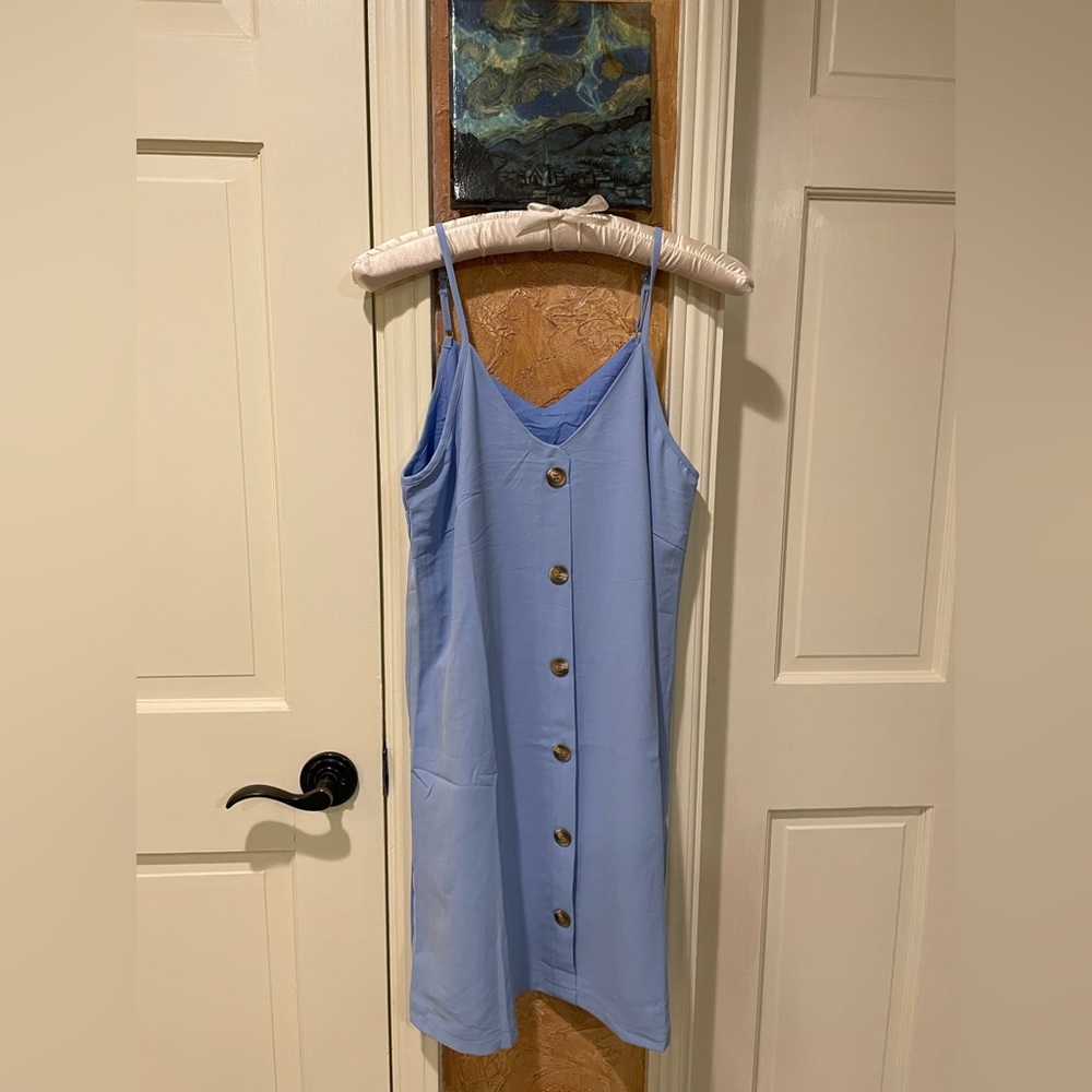 SOLD Amazon dress. Very popular. Med. Blue. Adj straps, buttons, loose fit